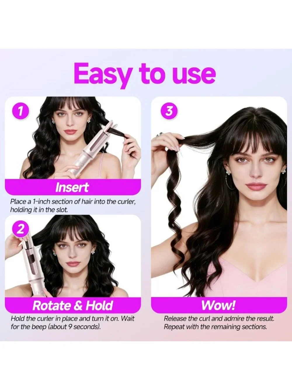 Automatic 1.25” Curling Wand - 4 Temp Settings, Ionic Ceramic, Anti-Scald, Pink